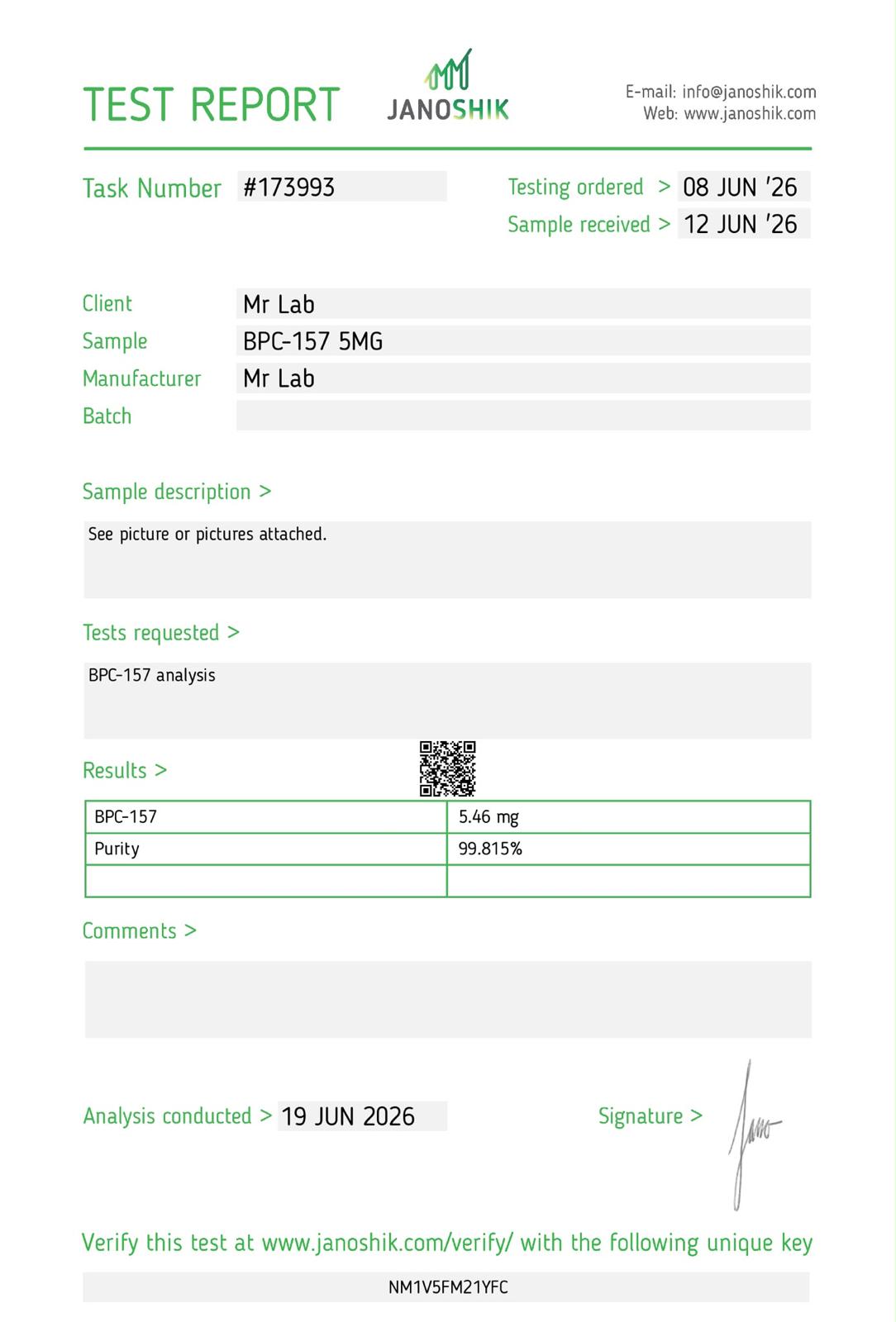 Certificato di Analisi (COA) BPC-157 5 mg