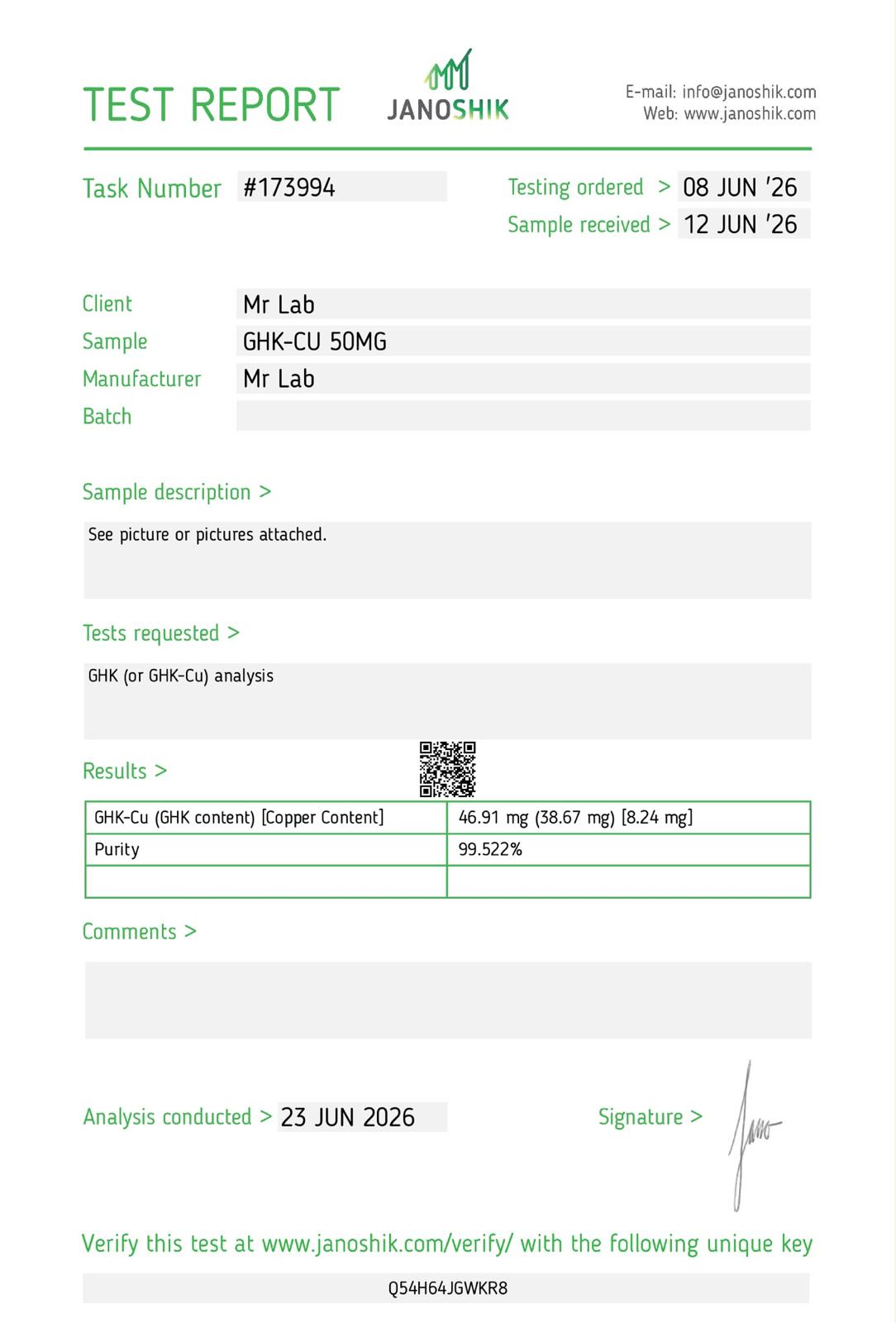 Certificato di Analisi (COA) GHK-Cu 50 mg