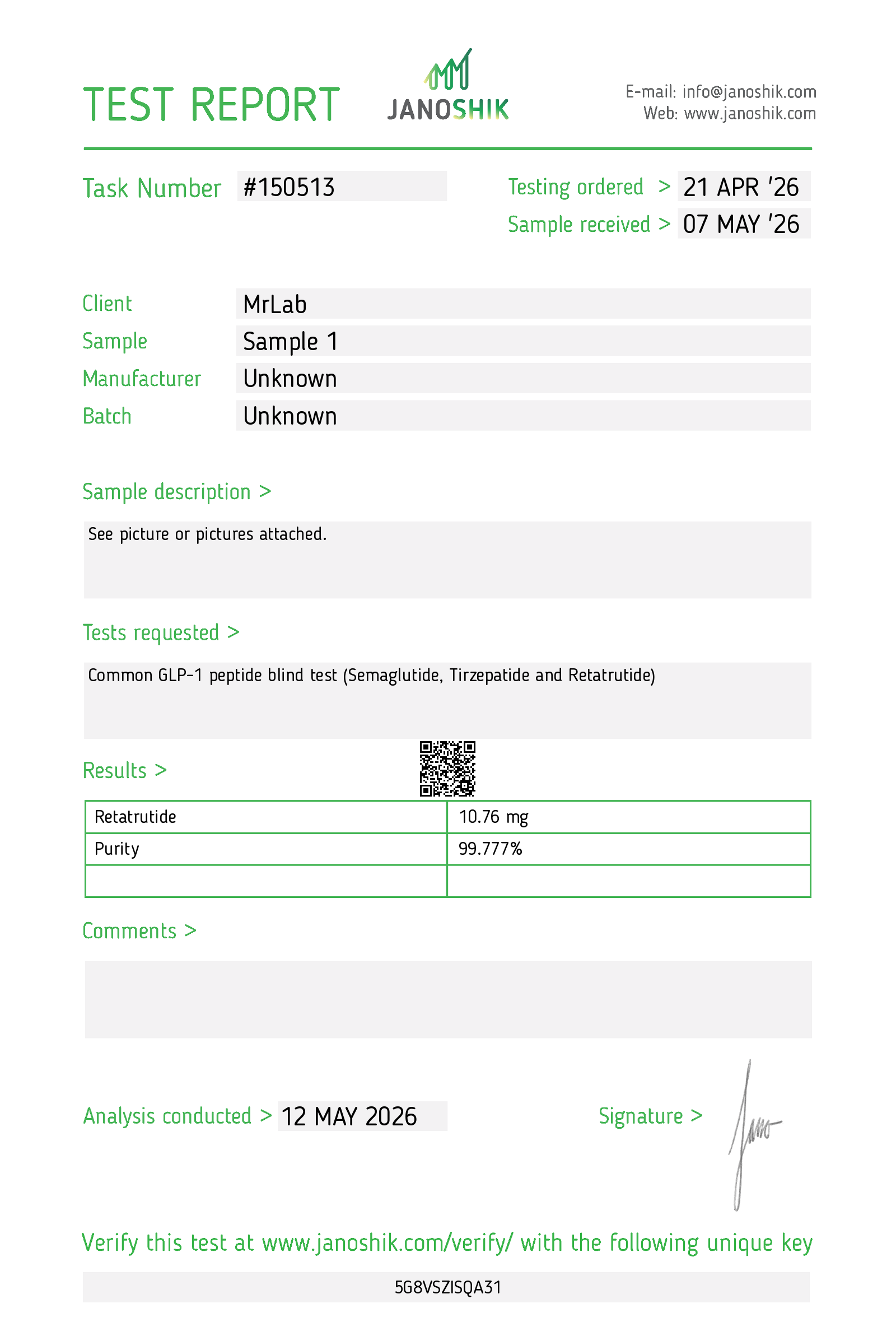 Certificato di Analisi (COA) Retatrutide 10 mg